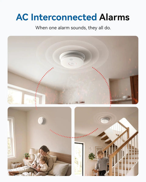AC Interconnected Alarms ceiling photoelectric smoke alarm in home hallway, hardwired interconnected design for rooms