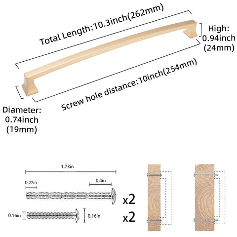 Diagram of 2 Pack 10 Inch Champagne Bronze Cabinet Handles And Gold Kitchen Cabinet Pulls Set with dimensions and screws