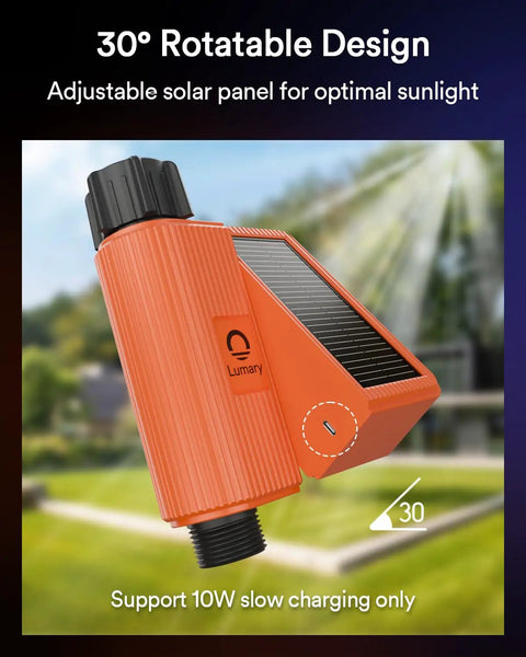 Dope Solar WiFi Sprinkler Timer With Flow Monitor for garden hose with 30° rotatable solar panel, orange unit in grassy background.