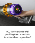 V15 Detect Plus Cordless Vacuum With Illumination Revealing Dust LCD screen showing particles and runtime