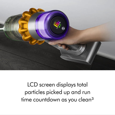 V15 Detect Cordless Vacuum Cleaner With Smart Dust Detection showing LCD screen and handheld mode on wooden floor