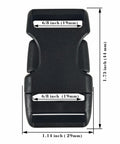 Replacement Quick Release Buckles For 1 Inch Straps 6 Pack With 12 Tri Glide Fasteners Heavy Duty Black Easy Repairs For Backpacks Dog Harnesses Belts And Gear Go To Fix For Broken Gear with dimensions listed