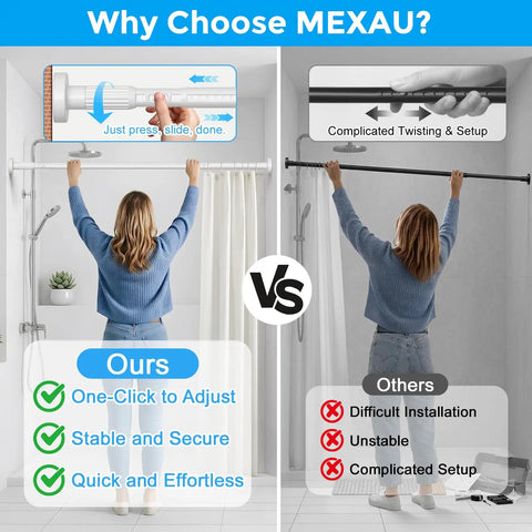 Comparison of two curtain rods: White No Drill Tension Curtain Rods Extends From 41 To 146 Inches, Easy Install versus complicated setup.