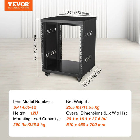 12U AV Rack Cabinet on Casters for Studio Gear with dimensions and specifications displayed, in a recording studio setting.