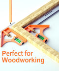 12 Inch Combination Square Kit With A Beefy Stainless Steel Blade And Zinc Cast Body, Pro Grade Adjustable Woodworking Measuring Tool for Square and Level Marking, Includes Two Carpenter Pencils, 300mm Scale, shown marking wood.