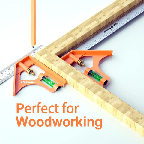 12 Inch Combination Square Kit With A Beefy Stainless Steel Blade And Zinc Cast Body, Pro Grade Adjustable Woodworking Measuring Tool for Square and Level Marking, Includes Two Carpenter Pencils, 300mm Scale, shown marking wood.