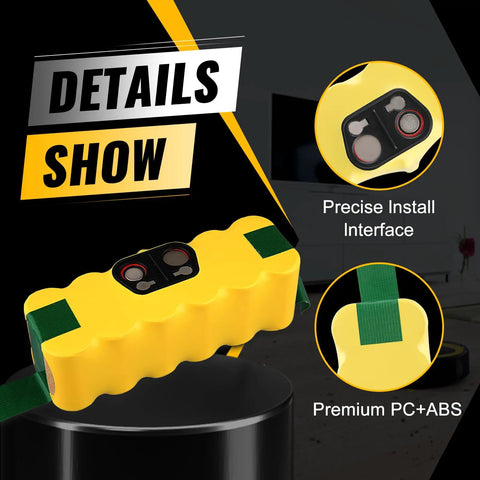 Roomba Replacement Battery 14.4V 5200mAh NiMH Two Pack For iRobot Roomba R3 And 500 600 Series Yellow with install interface detail