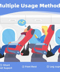 Illustration showing adjustable memory foam airplane foot hammock rest for long flights under seat leg support use.