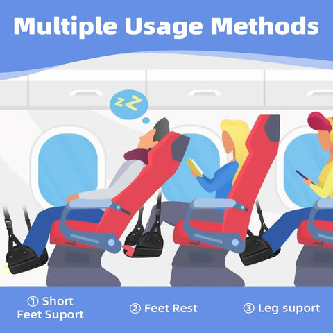 Illustration showing adjustable memory foam airplane foot hammock rest for long flights under seat leg support use.