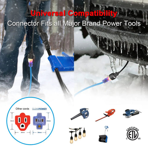 Close-up of Orange 16 Gauge 3 Prong Grounded Extension Cord 100 Ft in use outdoors with snow, demonstrating durability and flexibility.