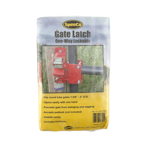 One Way Gate Latch Lockable Red For Ranch Fence Gates Fits 1 5/8 To 2 Inch Round Tube Gates shown on packaging
