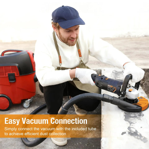 Man using 5 Inch Concrete Surfacing Grinder With 1500W Motor 7 Adjustable Speed Angle Grinder Kit Diamond Disc on cement