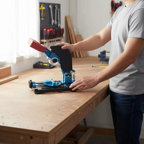 Person assembling angle grind stand with guard for precise 45 degree cuts, multi functional cutting stand base in workshop