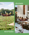 35.4 Inch Tall Vintage Metal Bird Bath With 12 Inch Diameter Bowl And 2.2 Inch Deep Removable For Easy Cleaning Freestanding Garden Yard Decor With Scrollwork And Leaf Accents Go To Backyard Centerpiece For Bird Watching featuring birds using copper bird bath in garden