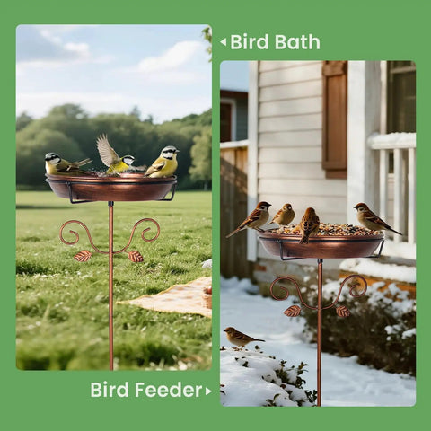 35.4 Inch Tall Vintage Metal Bird Bath With 12 Inch Diameter Bowl And 2.2 Inch Deep Removable For Easy Cleaning Freestanding Garden Yard Decor With Scrollwork And Leaf Accents Go To Backyard Centerpiece For Bird Watching featuring birds using copper bird bath in garden
