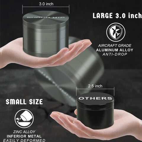 Image showing a Large 3.0 Inch Spice Grinder For Kitchen Tools With Magnetic Lid, Ergonomic Design, Gray Aluminum Finish in hand.