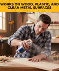 Man using 12 Oz Adhesive Spray Activator for 2P-10 Glue on wood surface in workshop, enhancing quick dry bond for various materials.