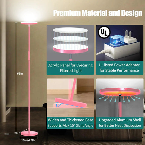 Dope Bright 40W LED Floor Lamp Torchiere showcasing features like dimming, 69-inch height, and acrylic panel with UL adapter.