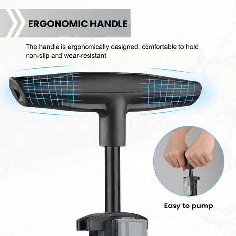 Ergonomic handle of high pressure bike floor pump 160 PSI with dual Presta and Schrader valves for easy inflation