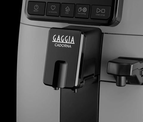 Close-up of the Gaggia Cadorna espresso spout on the Automatic Espresso And Over Ice Coffee Maker With Professional Auto Milk Frother For Bold Iced Refreshers And Daily Grind Dominance In Sleek Moonlight Grey.