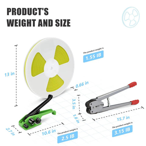Product image showing Boss Level Polypropylene Strapping Kit components, weight, and sizes for heavy shipping jobs.