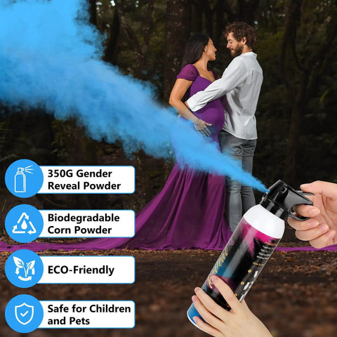 Totally Epic Gender Reveal Fire Extinguisher 2 Pack Straight Up Biodegradable Eco Friendly Party Confetti Sprayer For Baby Shower Decor Smooth Operator Color Blast in action outdoors with blue powder.