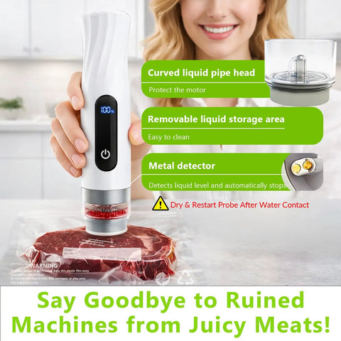 Compact Handheld Vacuum Sealer For Food Storage With 80kPa Suction 1800mAh Battery sealing steak in a kitchen setting
