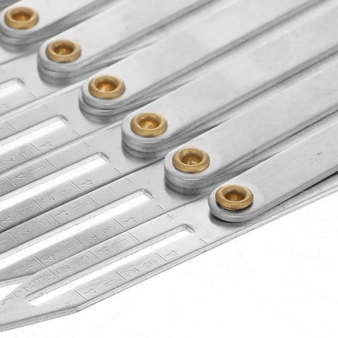 Expanding Sewing Gauge 24.4 Inch for Quilting and Crafting, Equal Spacing Divider and Button Guide, Pleat and Eyelet Spacing Tool, Handy Equidistant Measuring Ruler for DIY Projects, close-up of aluminum arms and brass pivots