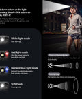 Beast Mode Bright Rechargeable LED Headlamp With 6 Modes And Zoom in use by runner, highlighting different light modes and diagrams.