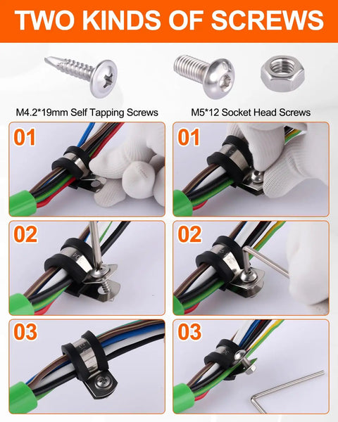 Pro Grade Cable And Pipe Clamps Kit With 304 Stainless Cushioned Clamps In 10 Sizes From Quarter Inch To One And A Half Inch Includes Screws And Handy Carry Box For Home Workshop Perfect For Electrical Plumbing Automotive Projects And DIY Cable Management showing usage instructions with screws and clamps.