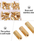 M2.5 Brass Hex Standoff Kit With 180 Pieces In A Handy Box, Copper Threaded Spacers For PCB Mounting, Male Female Hex Nuts, Pro Grade, DIY Electronics, Industrial Fastening brass hex standoffs in compartment box