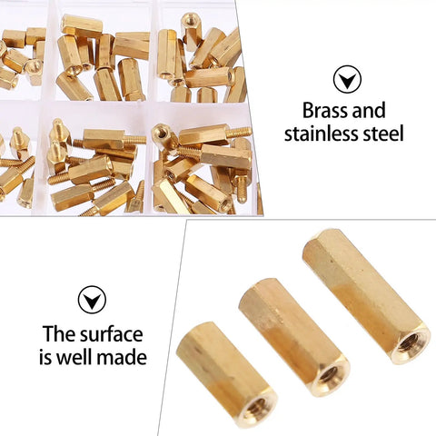 M2.5 Brass Hex Standoff Kit With 180 Pieces In A Handy Box, Copper Threaded Spacers For PCB Mounting, Male Female Hex Nuts, Pro Grade, DIY Electronics, Industrial Fastening brass hex standoffs in compartment box