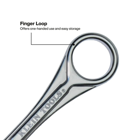 Close-up of the Klein Tools Slim Magnetic Mini Ratchet Set showing finger loop for easy handling.