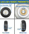 Diagram showing dimensions of Flat Free 10 Inch Tire and Wheel 4.10/3.50-4 with measurements of diameter, width, bore, and offset hub.