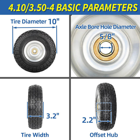 Diagram showing dimensions of Flat Free 10 Inch Tire and Wheel 4.10/3.50-4 with measurements of diameter, width, bore, and offset hub.
