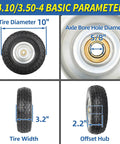 10 Inch Flat Free Tire And Wheel Set 4.10/3.50-4 With 5/8 Inch Axle Bore And 2.2 Inch Offset Hub dimensions and specifications