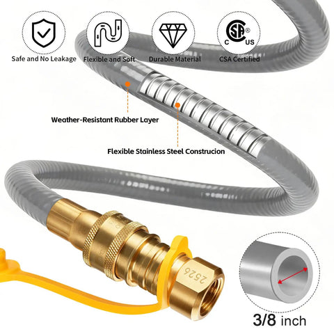 Three Eighths Inch Natural Gas Hose With Quick Connect Fitting For Grills And Heaters CSA Certified Flexible Low Pressure Gas Line