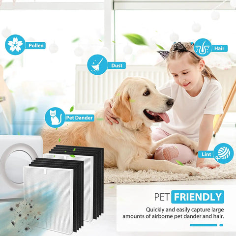 True HEPA Replacement Filter H13 Pack highlighting pet dander removal with girl and dog indoors, clean air focus
