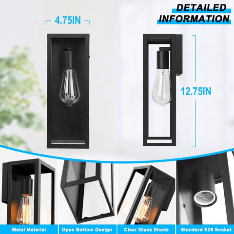 Top Shelf Matte Black Outdoor Wall Lights, 4.75x12.75 inches metal sconces with open bottom, clear glass shade for patio.