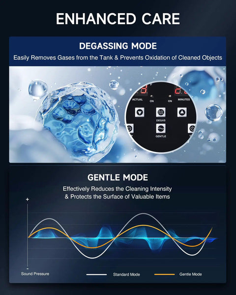 Banner showing degas and gentle modes of 30L Ultrasonic Cleaner With Degas Mode And 600W Heater 40 KHz Power For Grime Bustin Fast Thorough Cleaning Of Auto Parts Tools Glasses 7.9 Gallon Tank 30 Minute Timer Heavy Duty Cleaning Machine