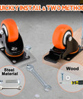 Moogii 3-inch heavy-duty swivel caster wheels with brakes, orange wheels on black mounting plates, set of 4 with screws