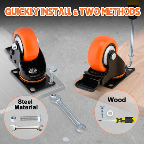 Moogii 3-inch heavy-duty swivel caster wheels with brakes, orange wheels on black mounting plates, set of 4 with screws