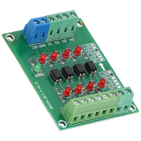Optocoupler Isolation Board 24V To 5V PLC Converter Module With 4 Channel High Speed Isolation, green PCB with connectors and LEDs