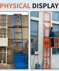 Top Grade 1 Ton Heavy Duty Electric Hydraulic Freight Elevator Wall Mounted Cargo Lift Platform displayed on a warehouse wall.