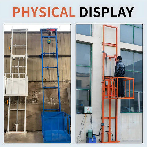 Top Grade 1 Ton Heavy Duty Electric Hydraulic Freight Elevator Wall Mounted Cargo Lift Platform displayed on a warehouse wall.