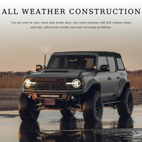 Black SUV with 7 Inch Waterproof Spiral Car Antenna With Threaded Adapters Flexible Universal Mast on wet terrain