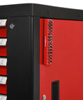 Red One Quarter Inch Hex Bit Organizer With Magnetic Base attached to toolbox, showing sturdy construction and rubber padding.