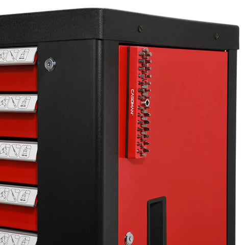 Red One Quarter Inch Hex Bit Organizer With Magnetic Base attached to toolbox, showing sturdy construction and rubber padding.
