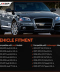 Audi car with text showing fitting for Ignition Coil Packs And Iridium Spark Plugs Set Drop In For 2.0L L4 Engines Fits 2005-2018 models.