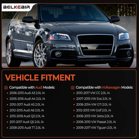 Audi car with text showing fitting for Ignition Coil Packs And Iridium Spark Plugs Set Drop In For 2.0L L4 Engines Fits 2005-2018 models.